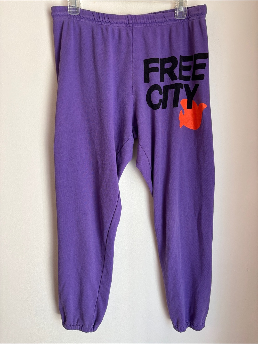 Free City Purple Graphic Sweatpants with Orange bird Accent Womens large lounge